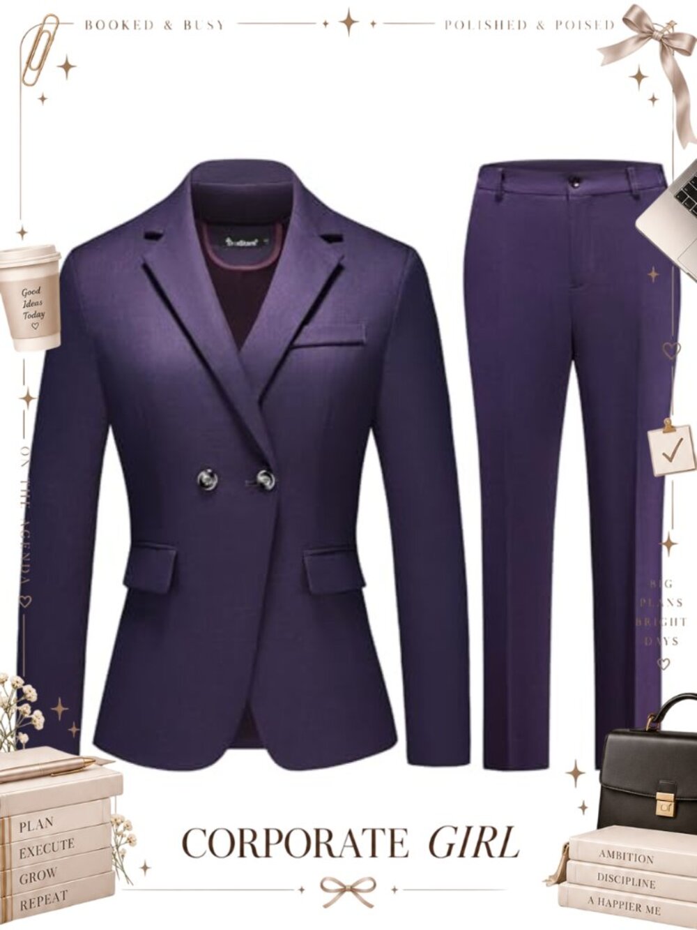 Women's Plaid Pant Suit Set Double-Breasted Blazer Slim Fit Office